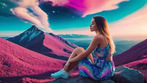 Prompt: a beautiful woman sitting on a mountain, with a beautiful psychedelic landscape in the background