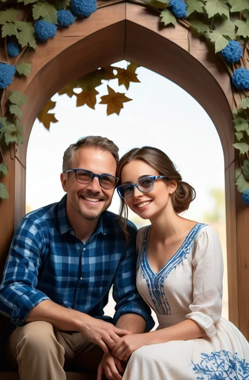Prompt: Positioned under a large wooden arch entwined with vines, a man and a woman sit closely together, radiating warmth and happiness. The man, dressed in a plaid shirt featuring shades of blue and brown, sports a friendly smile, while the woman beside him wears a flowing white dress adorned with delicate embroidery. Her glasses frame her expressive eyes, and she carries a small black bag effortlessly. The background reveals a lush, green environment, hinting at a natural and serene outdoor setting that emphasizes the joy of their moment together. The overall atmosphere is vibrant and inviting, capturing a delightful interaction amidst nature.