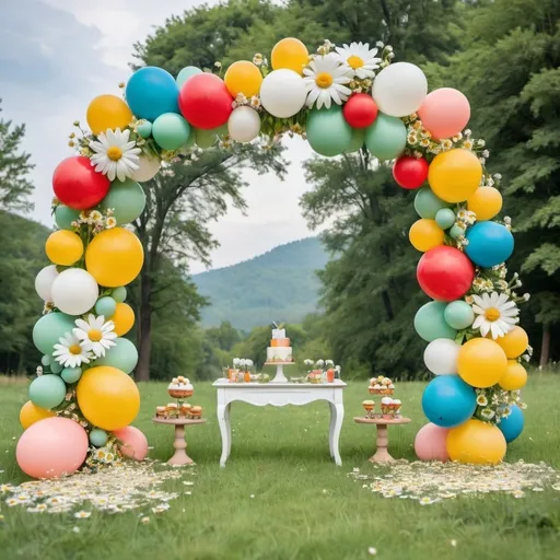 Prompt: A colorful balloon Garland arch in a meadow full of daisy's and green grass and trees
