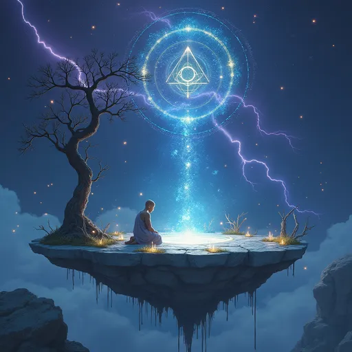 Prompt: A floating temple, adrift in a sea of stars and fireflies, formed from translucent marble and skeletal branches. A lone monk—shaved head, translucent robe—kneels before an altar of melting planets, ancient bones, and fragrant herbs that burn with blue fire. Celestial symbols spiral above his head like sacred geometry etched in starlight. The sky fractures with purple lightning. Silence hums like a violin string plucked by eternity.

