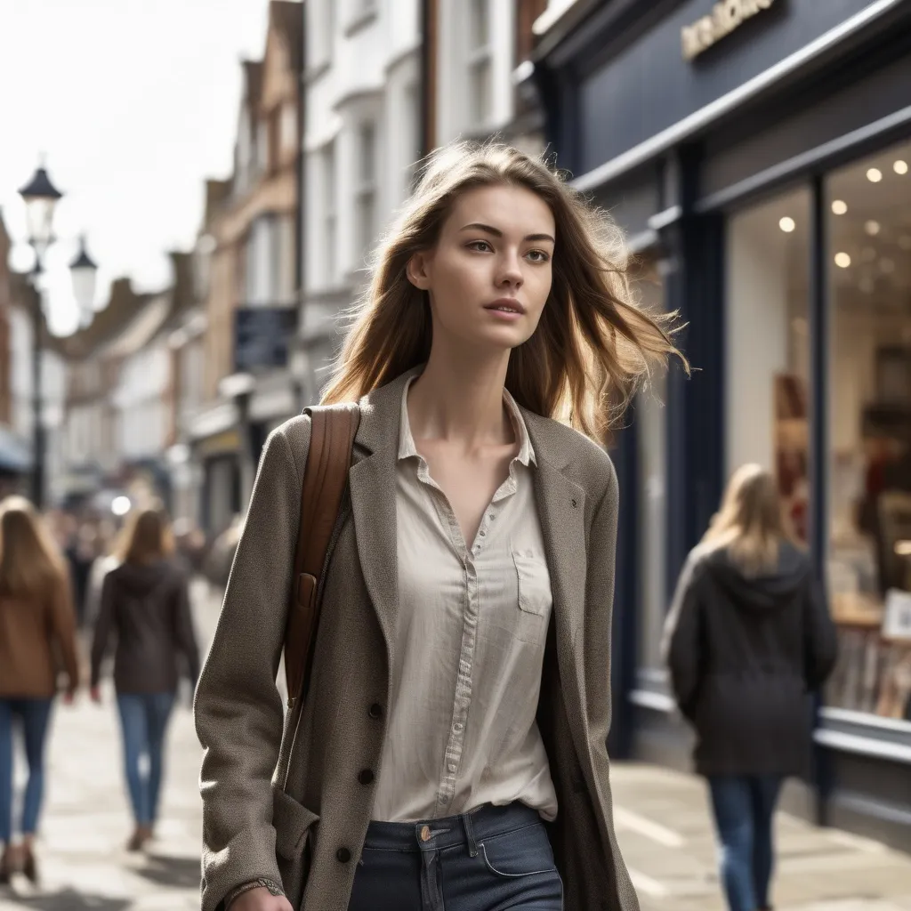 Prompt: Tall young woman walking down the high street, detailed clothing, realistic, natural lighting