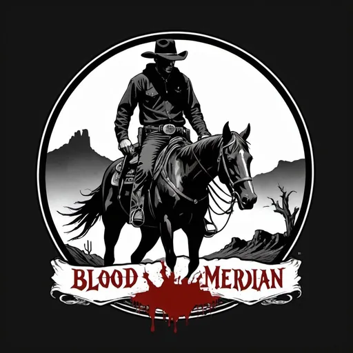 Prompt: logo name is "blood meridian", cowboy wearing black hood, wasteland, blood, logo, old school, black theme , double barrel, horse, peace, white, riding black horse