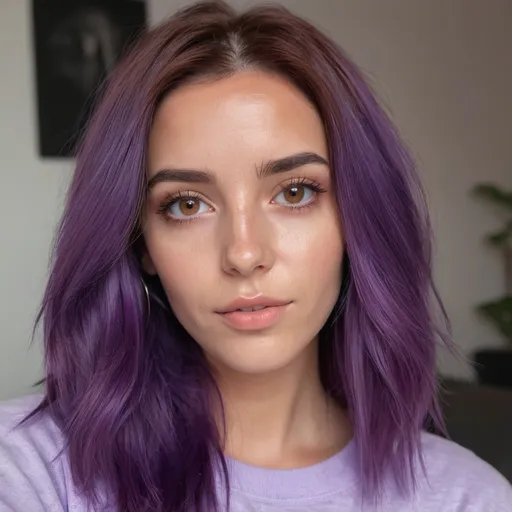 Prompt: Realistic portrait photo of a beautiful Spanish influencer, vibrant purple hair with slightly faded roots, light brown eyes, no makeup, high quality, realistic, portrait, vibrant purple hair, Spanish influencer, light brown eyes, natural beauty, realistic lighting