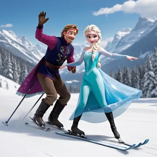 Prompt: Pince hans tripping princess elsa while she is skiing