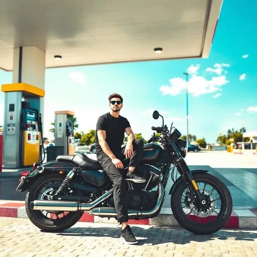 Prompt: A young man sits casually on a black motorcycle in front of a gas station, exuding a laid-back vibe. Dressed in a black t-shirt and matching joggers, he sports sunglasses that add a hint of coolness to his demeanor. The scene is bathed in bright sunlight, highlighting the clean, patterned pavement of the gas station area, which is bordered by colorful tiles. In the background, the gas pumps and a clear blue sky suggest a bright afternoon, adding to the relaxed atmosphere of the moment. This snapshot captures not just a pause in a journey but also a sense of adventure and freedom typically associated with motorcycle culture.