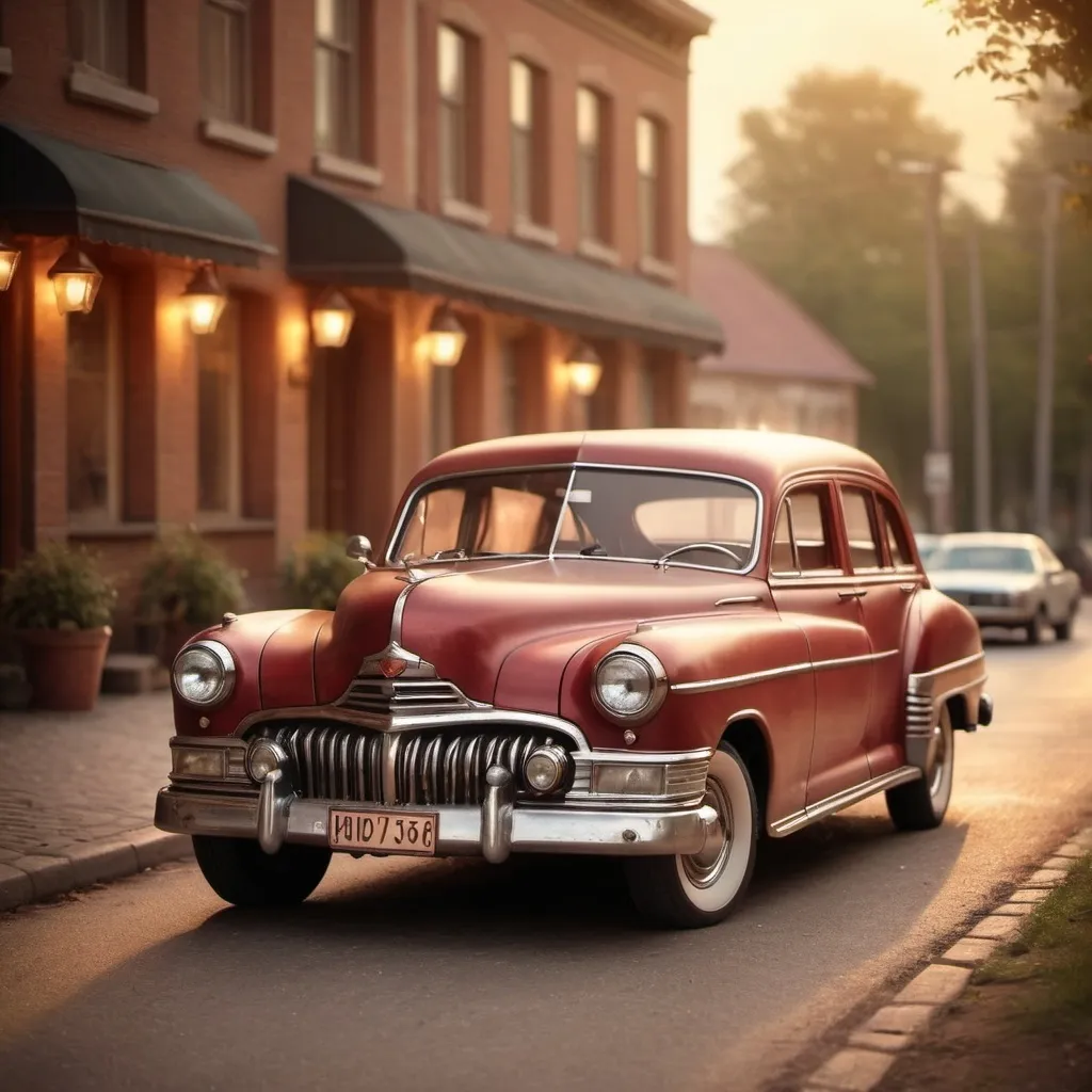 Prompt: Vintage sedan in a nostalgic setting, realistic, warm lighting