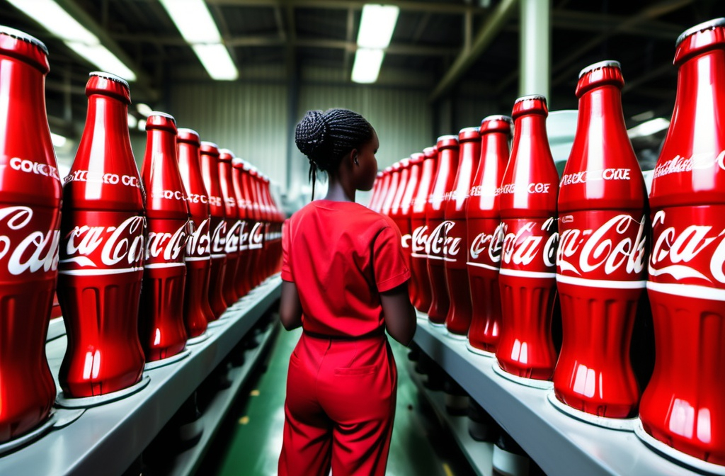 Prompt: Coke 0 is being made inside a large coke factory. An employee comes to work. There are many coca colas lined up and it all looks real. Aneke is working 