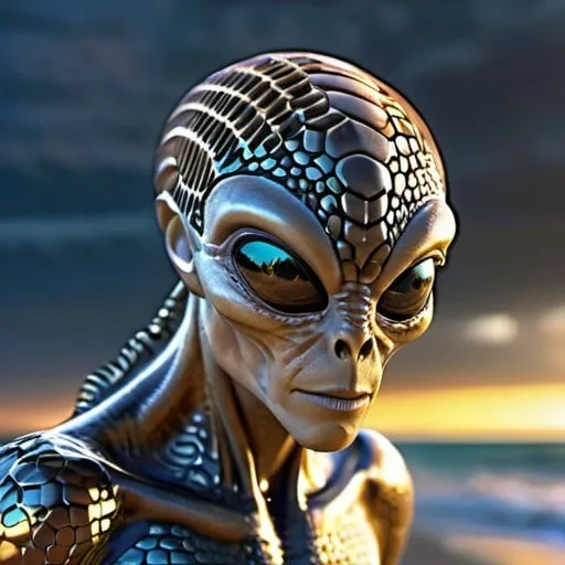 Prompt: Midshot alien on the beach, catching light, gorgeous eyes, shiny metal and glass scales, intricate honeycomb pattern, hyperdetailed, photo, finalrender, hdr, otherworldly, detailed facial features, alien landscape, ethereal lighting