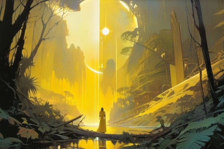 Prompt: yellow dreamscape, shiny eyes, fantasy, Jon Foster, Bill Sienkiewicz