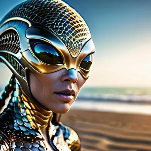 Prompt: Midshot alien on the beach, catching light, gorgeous eyes, shiny metal and glass scales, intricate honeycomb pattern, hyperdetailed, photo, finalrender, hdr, otherworldly, detailed facial features, alien landscape, ethereal lighting