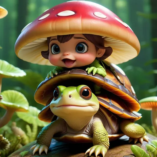 Prompt: extremely cute and adorable mushroom creatures riding on a turtle, character design by Mark Ryden and Pixar and Hayao Miyazaki, unreal 5, DAZ, hyperrealistic, octane render, cinematic