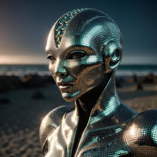 Prompt: Midshot alien on the beach, gorgeous eyes, shiny metal and glass scales, intricate honeycomb pattern, hyperdetailed, photo, finalrender, hdr, otherworldly, detailed facial features, alien landscape, ethereal lighting