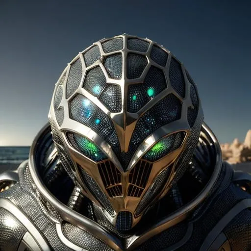 Prompt: Midshot alien on the beach, gorgeous eyes, shiny metal and glass scales, intricate honeycomb pattern, hyperdetailed, photo, finalrender, hdr, otherworldly, detailed facial features, alien landscape, ethereal lighting