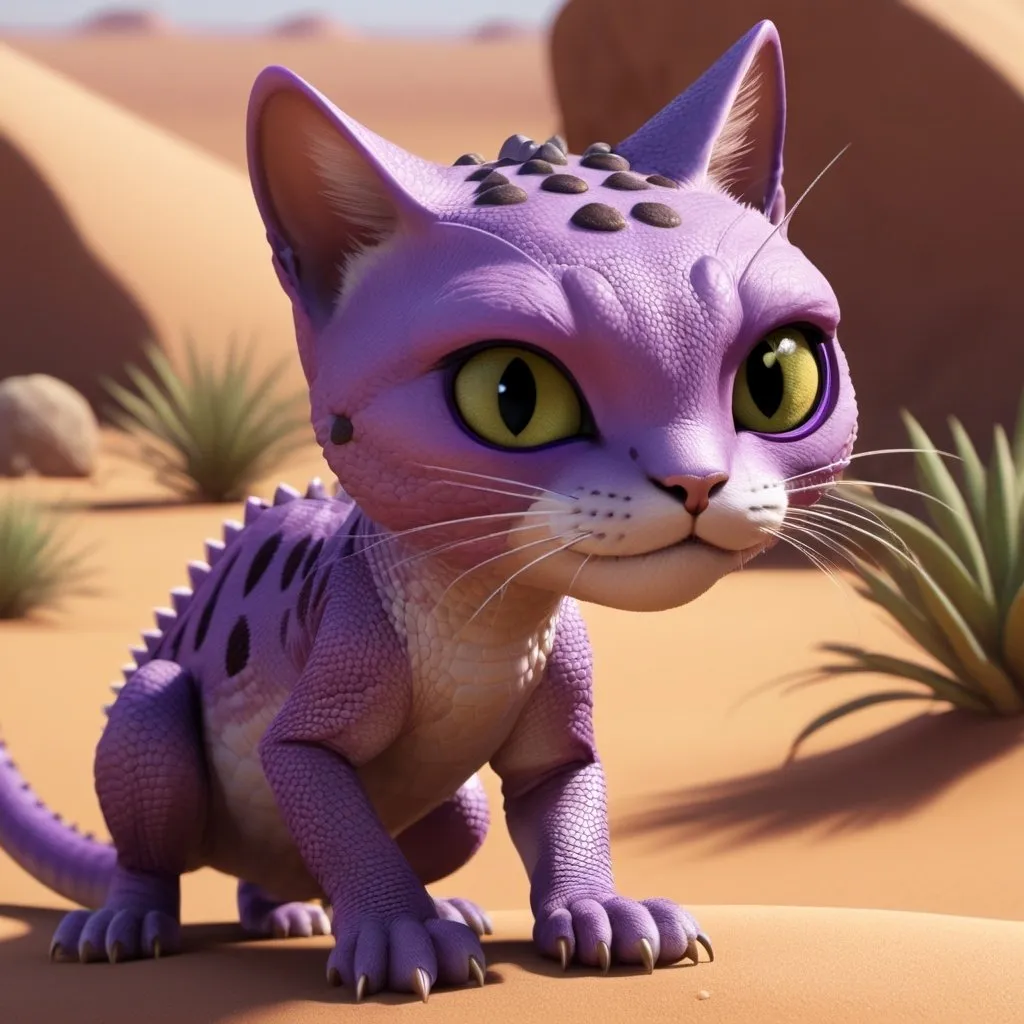 Prompt: a purple reptile with cat face, ina desert, character design by Mark Ryden and Pixar and Hayao Miyazaki, unreal 5, DAZ, hyperrealistic, octane render, cinematic, hdr