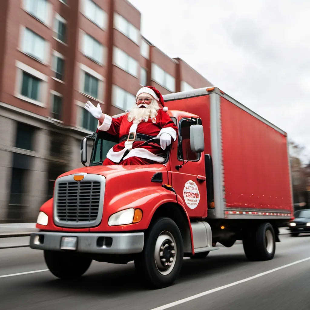 Prompt: un père Noel qui conduit un camion de déménagement