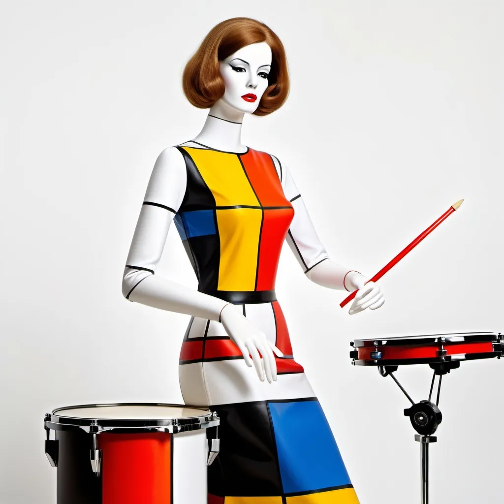 Prompt: ilustrated white woman mannequin with de stijl dress (60s mondrian style), playing the drums white background

