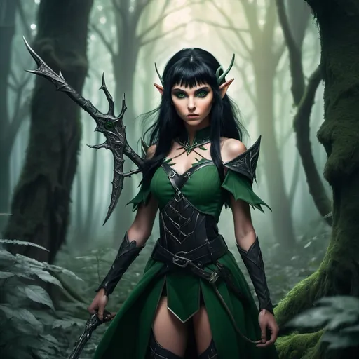 Prompt: A green-eyed, black-haired elf is standing in a mystical forest with a weapon