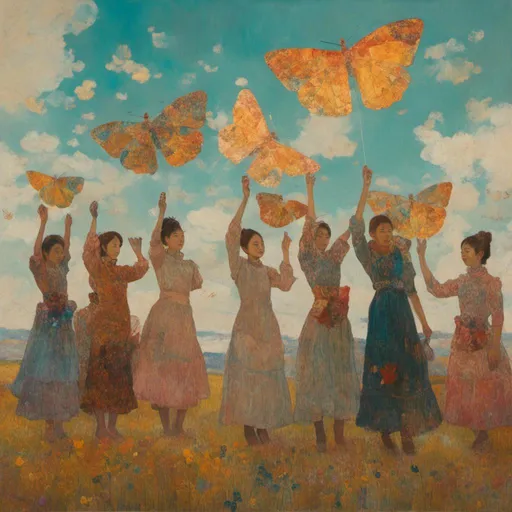 Prompt: a painting<mymodel> of a group of people holding up a butterfly kite in a field with a sky background and clouds, Chen Chun, magic realism, intricate oil painting, an oil painting