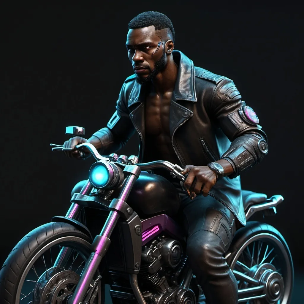 Prompt: cyberpunk style ,oiled up black man in bike,highly detailed 3d, dark background