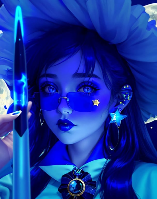 Prompt: 14 year old girl, outside moon behind her, blue lipstick, blue hair, Puffy face, long ice nails, Spiral earrings, dark blue plastic dress, blue Star Patch, glowing pencil.  