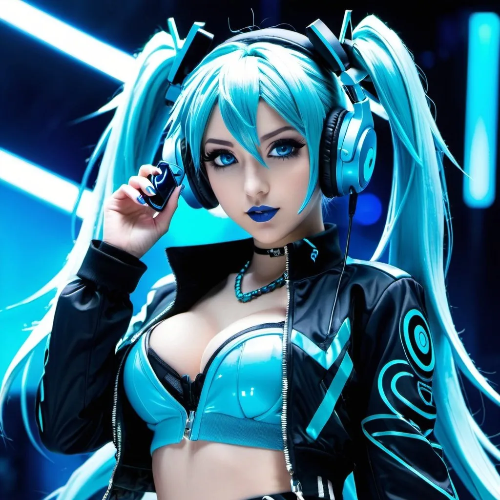 Prompt: Cyber goth hatsune miku, electronic dance, full body view, blue lipstick, blue eyes, blue eyeshadow, blue crop top, blue jacket, blue nails, blue hair, blue headphones, blue microphone, blue speakers, blue lights shining