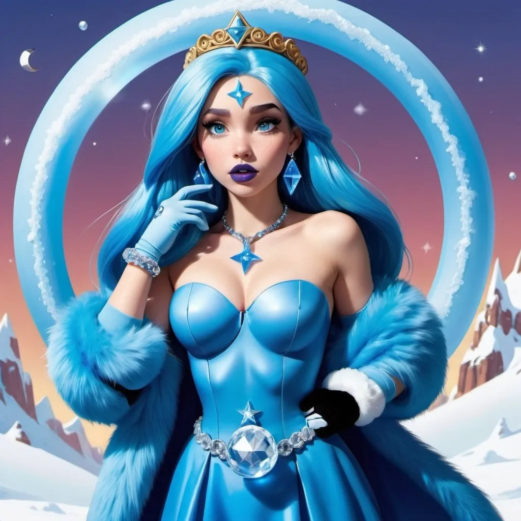 Prompt: kim possible, Heavy snow, Giant Blue Orb in Sky, Long Straight Blue hair, Ice crystal tiara, Thick bushy blue eyebrows, medium sized nose, plump diamond shape face,  Blue lipstick, ethereal blue eyes, Triangle Star earrings, soft ears, Large blue plastic chain around neck, Blue heart necklaces, blue candy shaped rings, Large blue fur coat with blue plastic gloves. Long Blue Skirt with moons. Plump chest