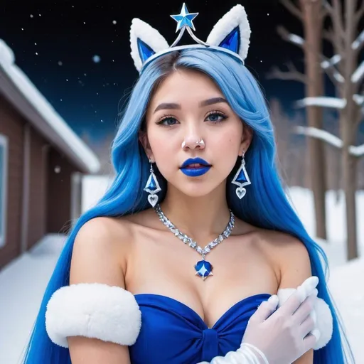 Prompt: pokimane, Heavy snow, Giant Blue Orb in Sky, Long Straight Blue hair, Ice crystal tiara, Thick bushy blue eyebrows, medium sized nose, plump diamond shape face,  Blue lipstick, ethereal blue eyes, Triangle Star earrings, soft ears, Large blue plastic chain around neck, Blue heart necklaces, blue candy shaped rings, Large blue fur coat with blue plastic gloves. Long Blue Skirt with moons. Plump chest