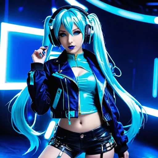 Prompt: Cyber goth hatsune miku, electronic dance, full body view, blue lipstick, blue eyes, blue eyeshadow, blue crop top, blue jacket, blue nails, blue hair, blue headphones, blue microphone, blue speakers, blue lights shining