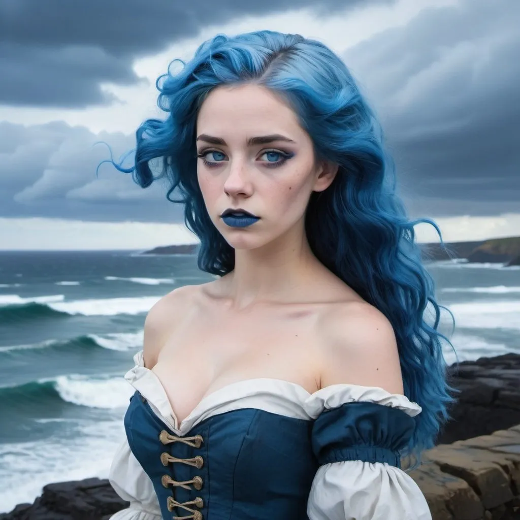 Prompt: A woman, blue hair, blue lipstick, blue 1700s dress, blue eyes, blue eyeshadow, blue face faint, sketch, Irish Sailor, on canvas, blue nails, stormy sky, eroded coastline, very tall waves.