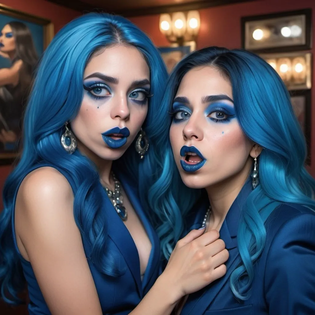 Prompt: a picture of 2 hispanic women with long blue hair, posing together large blue eyes wearing blue suits, blue eyeshadow, and blue lipstick coughing at the camera, blue makeup, jewerly on hands, Artgerm, fantasy art, realistic shaded perfect blue face, a detailed painting, Obey screens background, 30 years old, blue lipstick 