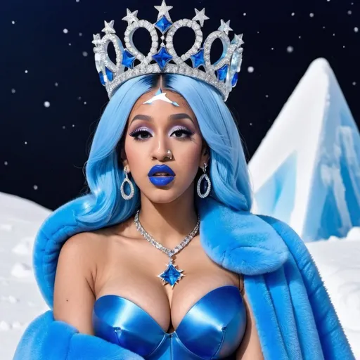 Prompt: Cardi B, Heavy snow, Giant Blue Orb in Sky, Long Straight Blue hair, Ice crystal tiara, Thick bushy blue eyebrows, medium sized nose, plump diamond shape face,  Blue lipstick, ethereal blue eyes, Triangle Star earrings, soft ears, Large blue plastic chain around neck, Blue heart necklaces, blue candy shaped rings, Large blue fur coat with blue plastic gloves. Long Blue Skirt with moons. Plump chest