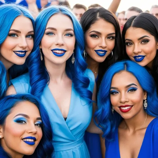 Prompt: 5 ladies with blue  eyes, flowing blue hair, smiling lips with blue lipstick, blue dresses, blue makeup, blue eyeshadow. At political rally