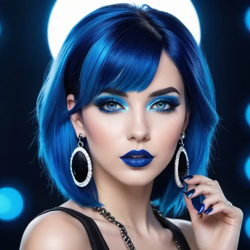 Prompt: Female emo blue woman, blue hair, blue lipstick, glossy lips, blue eyes, blue eyeshadow, blue makeup, blue nails, blue halo earrings, realistic, detailed, full body view, media studio background.