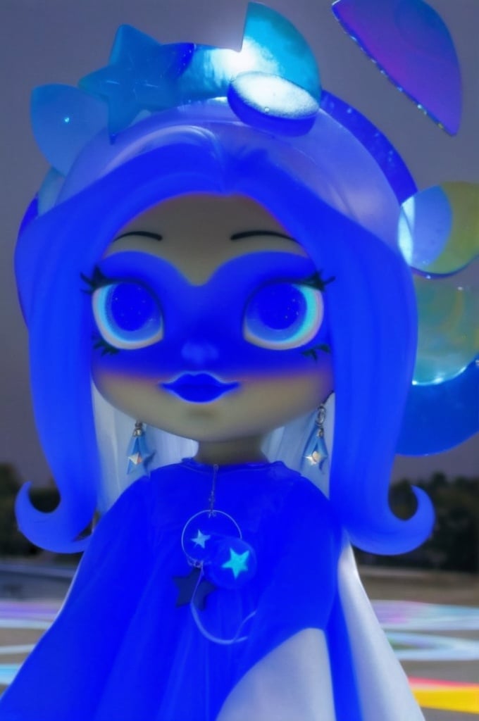 Prompt: 14 year old girl, outside moon behind her, blue lipstick, blue hair, Puffy face, long ice nails, Spiral earrings, dark blue plastic dress, blue Star Patch, glowing pencil.  