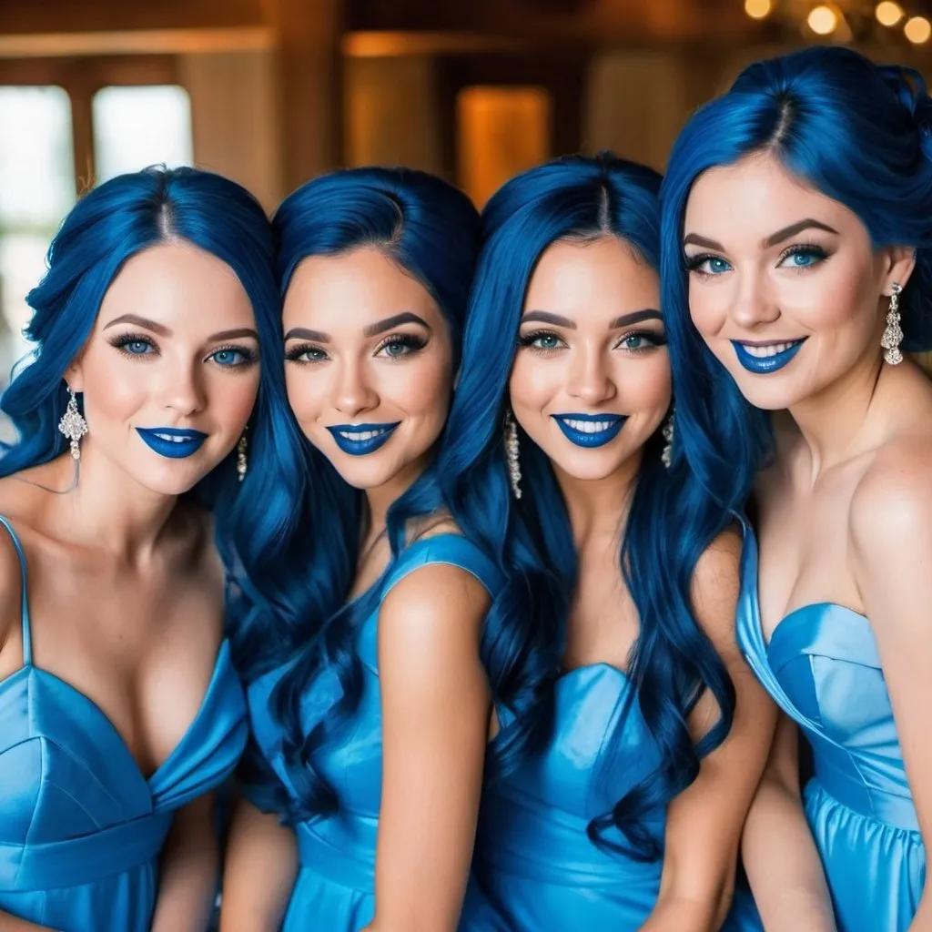 Prompt: 5 ladies with blue  eyes, flowing blue hair, smiling lips with blue lipstick, blue dresses, blue makeup, blue eyeshadow. At wedding