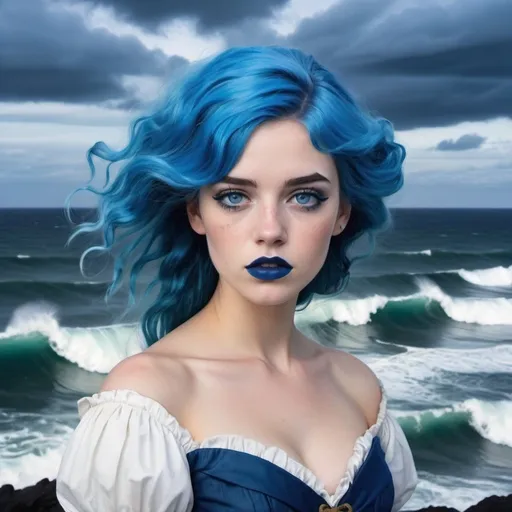 Prompt: A woman, blue hair, blue lipstick, blue 1700s dress, blue eyes, blue eyeshadow, blue face faint, sketch, Irish Sailor, on canvas, blue nails, stormy sky, eroded coastline, 50 foot waves.