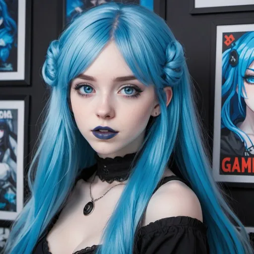 Prompt: Close-up portrait of a cute girl with long blue hair, pale skin, and modern style, blue lipstick, and blue eyes, blue makeup, blue eyeshadow, blue nails, 
surrounded by anime posters in a gamer room, highres, detailed, gothic, anime, blue hair, pale skin, blue lipstick, blue eyes, gamer room, anime posters, cute, modern style