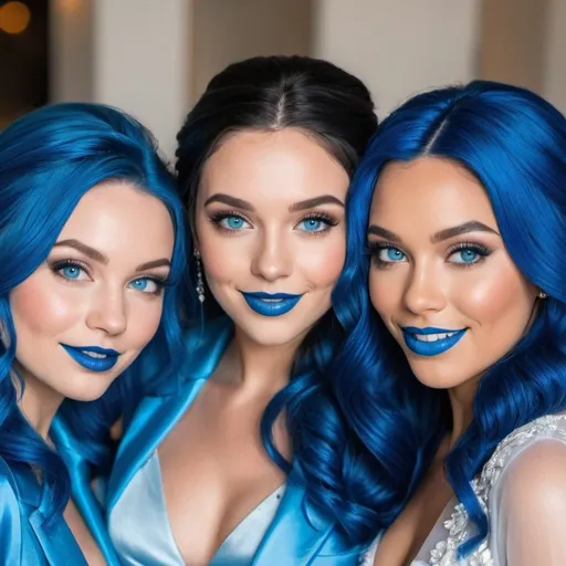 Prompt:  3 ladies with blue  eyes, flowing blue hair, smiling lips with blue lipstick, blue jacket, blue makeup, blue eyeshadow. At wedding