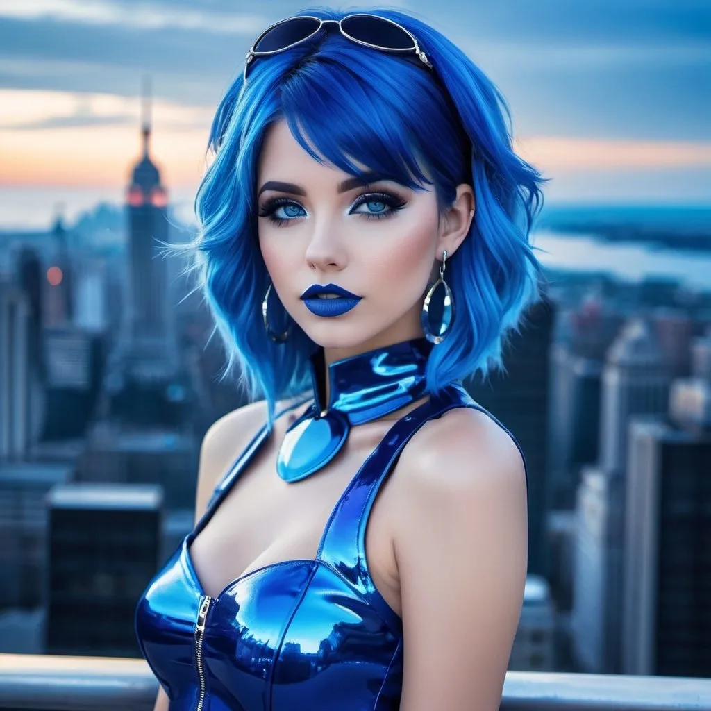 Prompt: Female emo blue woman, blue hair, blue lipstick, glossy lips, blue eyes, blue eyeshadow, blue makeup, blue nails, blue halo earrings, realistic, detailed, full body view, blue city on horizon