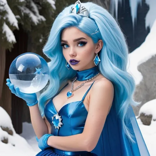 Prompt: kim possible, Heavy snow, Giant Blue Orb in Sky, Long Straight Blue hair, Ice crystal tiara, Thick bushy blue eyebrows, medium sized nose, plump diamond shape face,  Blue lipstick, ethereal blue eyes, Triangle Star earrings, soft ears, Large blue plastic chain around neck, Blue heart necklaces, blue candy shaped rings, Large blue fur coat with blue plastic gloves. Long Blue Skirt with moons. Plump chest