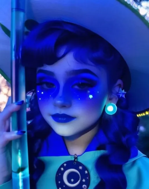 Prompt: 14 year old girl, outside moon behind her, blue lipstick, blue hair, Puffy face, long ice nails, Spiral earrings, dark blue plastic dress, blue Star Patch, glowing pencil.  