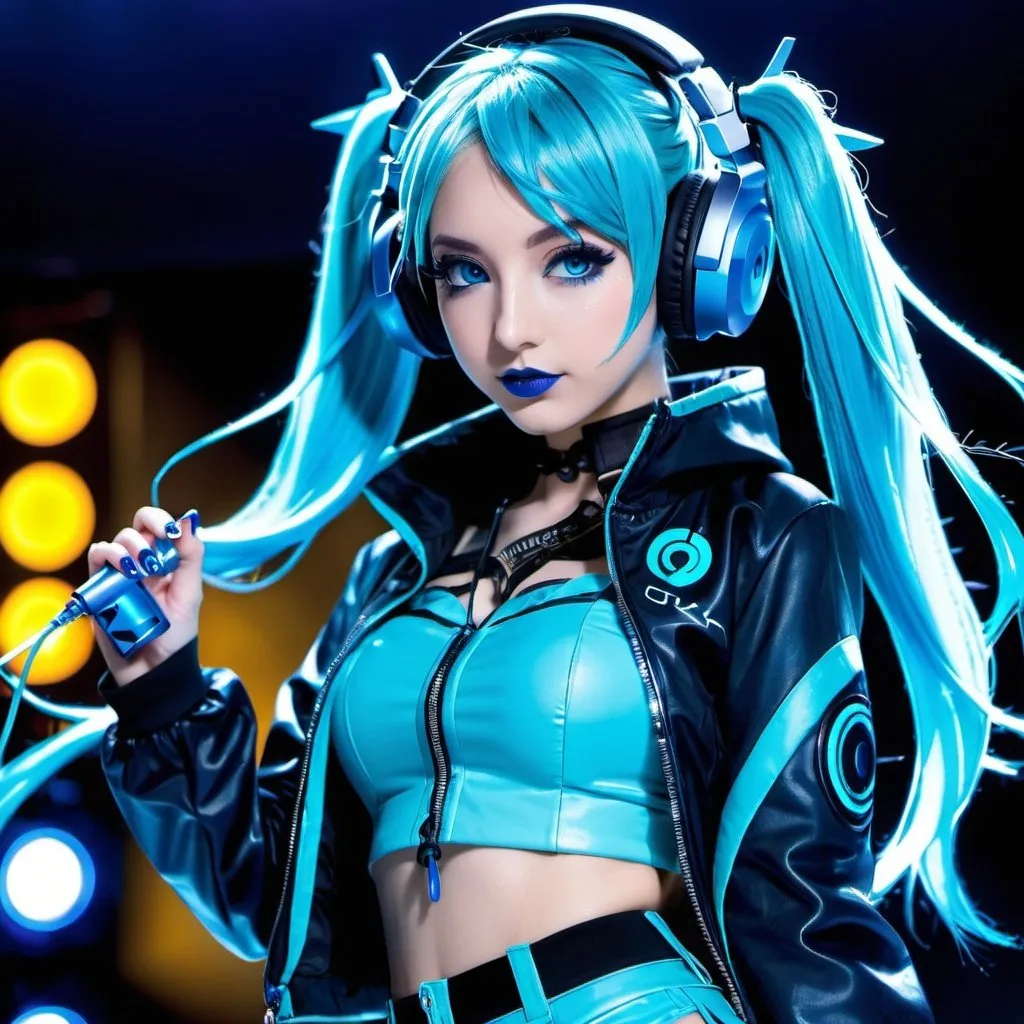 Prompt: Cyber goth hatsune miku, electronic dance, full body view, blue lipstick, blue eyes, blue eyeshadow, blue crop top, blue jacket, blue nails, blue hair, blue headphones, blue microphone, blue speakers, blue lights shining