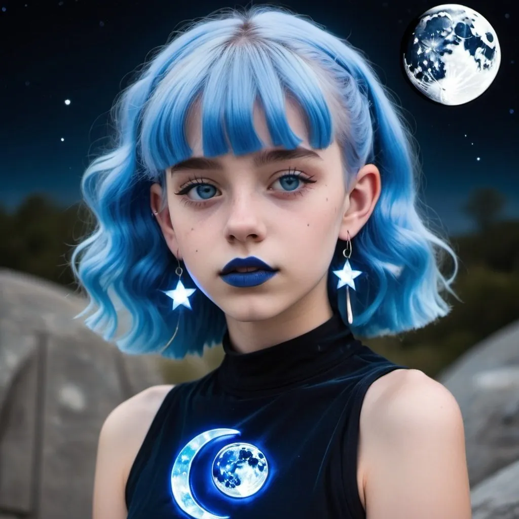 Prompt: 14 year old girl, outside moon behind her, blue lipstick, blue hair, Puffy face, long ice nails, Spiral earrings, dark blue plastic dress, blue Star Patch, glowing pencil.  