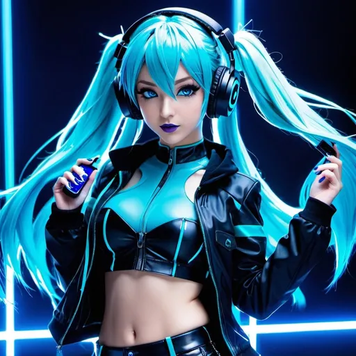 Prompt: Cyber goth hatsune miku, electronic dance, full body view, blue lipstick, blue eyes, blue eyeshadow, blue crop top, blue jacket, blue nails, blue hair, blue headphones, blue microphone, blue speakers, blue lights shining