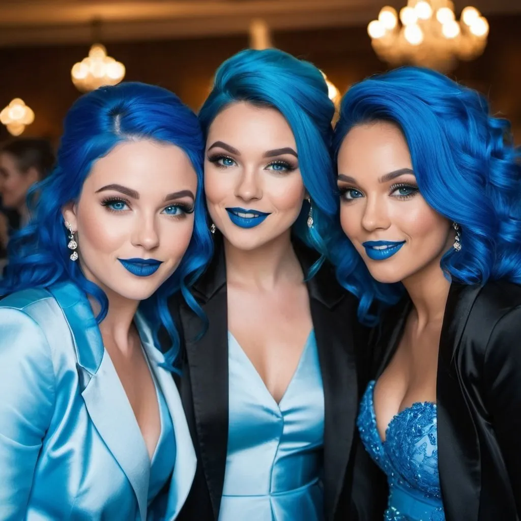 Prompt:  3 ladies with blue  eyes, flowing blue hair, smiling lips with blue lipstick, blue jacket, blue makeup, blue eyeshadow. At wedding