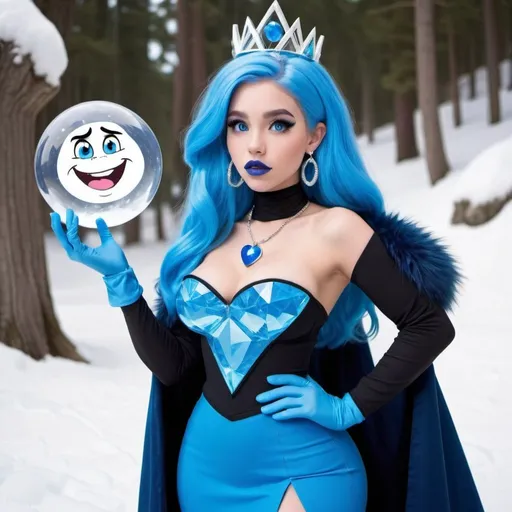 Prompt: kim possible, Heavy snow, Giant Blue Orb in Sky, Long Straight Blue hair, Ice crystal tiara, Thick bushy blue eyebrows, medium sized nose, plump diamond shape face,  Blue lipstick, ethereal blue eyes, Triangle Star earrings, soft ears, Large blue plastic chain around neck, Blue heart necklaces, blue candy shaped rings, Large blue fur coat with blue plastic gloves. Long Blue Skirt with moons.
