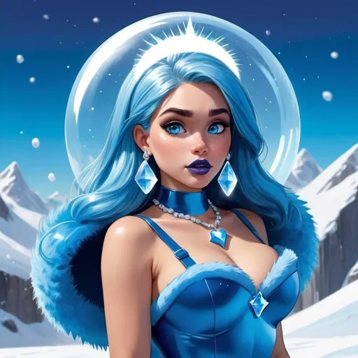 Prompt: kim possible, Heavy snow, Giant Blue Orb in Sky, Long Straight Blue hair, Ice crystal tiara, Thick bushy blue eyebrows, medium sized nose, plump diamond shape face,  Blue lipstick, ethereal blue eyes, Triangle Star earrings, soft ears, Large blue plastic chain around neck, Blue heart necklaces, blue candy shaped rings, Large blue fur coat with blue plastic gloves. Long Blue Skirt with moons. Plump chest