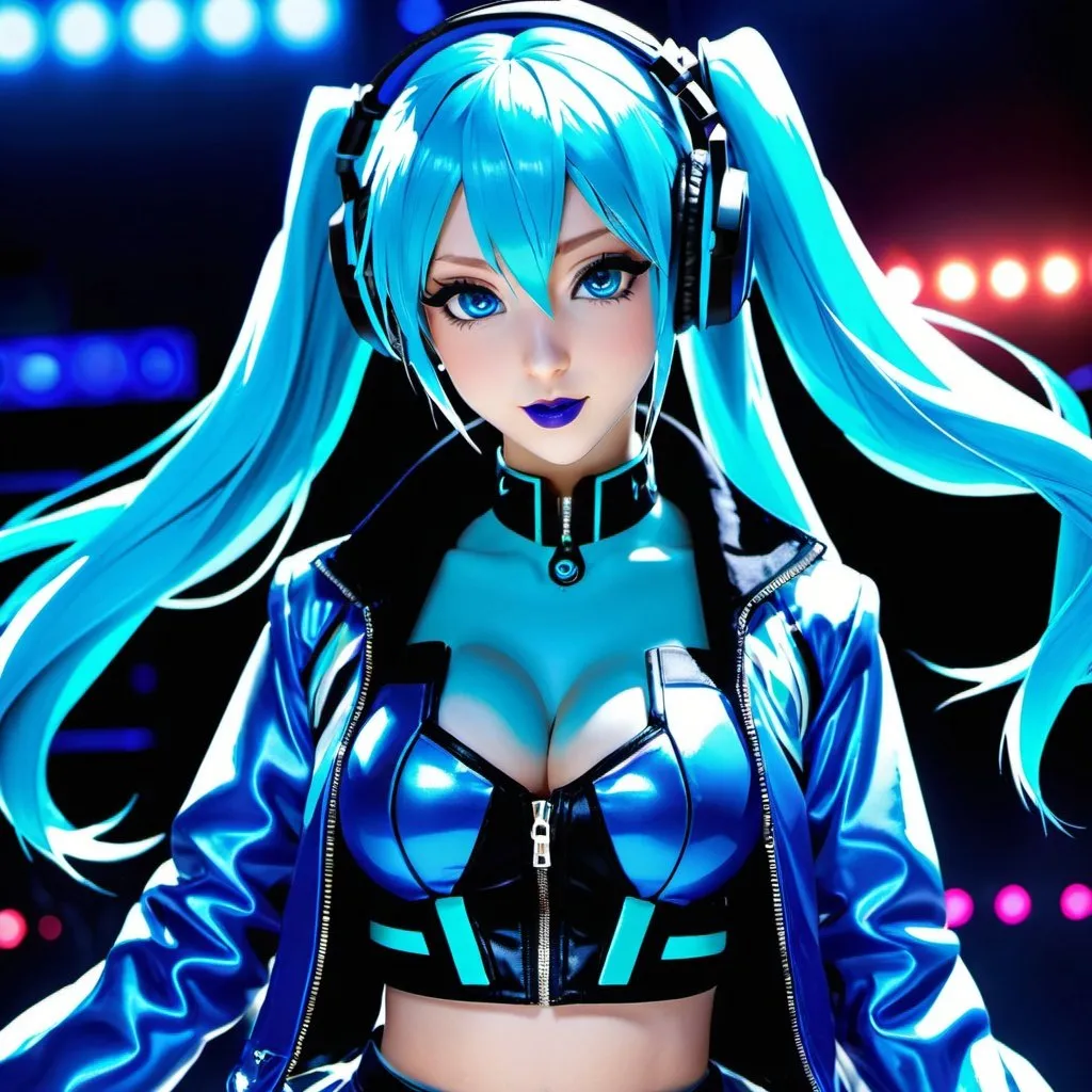 Prompt: Cyber goth hatsune miku, electronic dance, full body view, blue lipstick, blue eyes, blue eyeshadow, blue crop top, blue jacket, blue nails, blue hair, blue headphones, blue microphone, blue speakers, blue lights shining