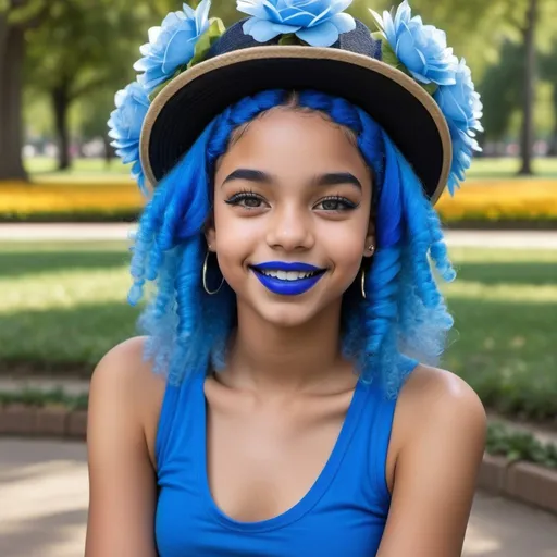 Prompt: Afro-latina, 14 year old girls at a park, blue hair, blue lipstick, blue eyes, blue makeup, blue clothes, blue flower hats. Happy face.