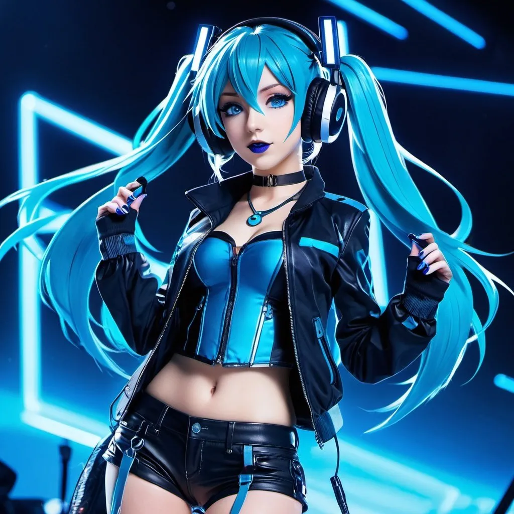 Prompt: Cyber goth hatsune miku, electronic dance, full body view, blue lipstick, blue eyes, blue eyeshadow, blue crop top, blue jacket, blue nails, blue hair, blue headphones, blue microphone, blue speakers, blue lights shining